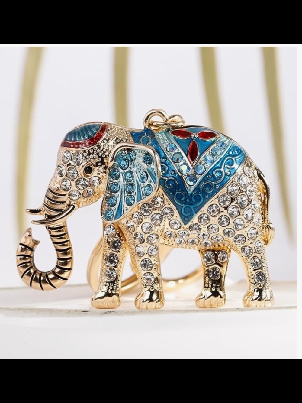 Gold-Tone Blue Crystal Elephant Keychain Charm - Picture 4 of 7